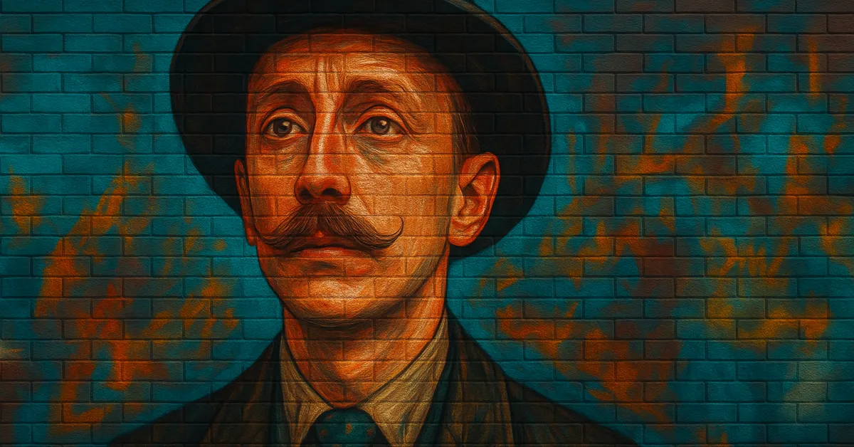 hyper-realistic mural of Stebbins, a man with a thin mustache and surprised expression wearing a bowler hat and suit