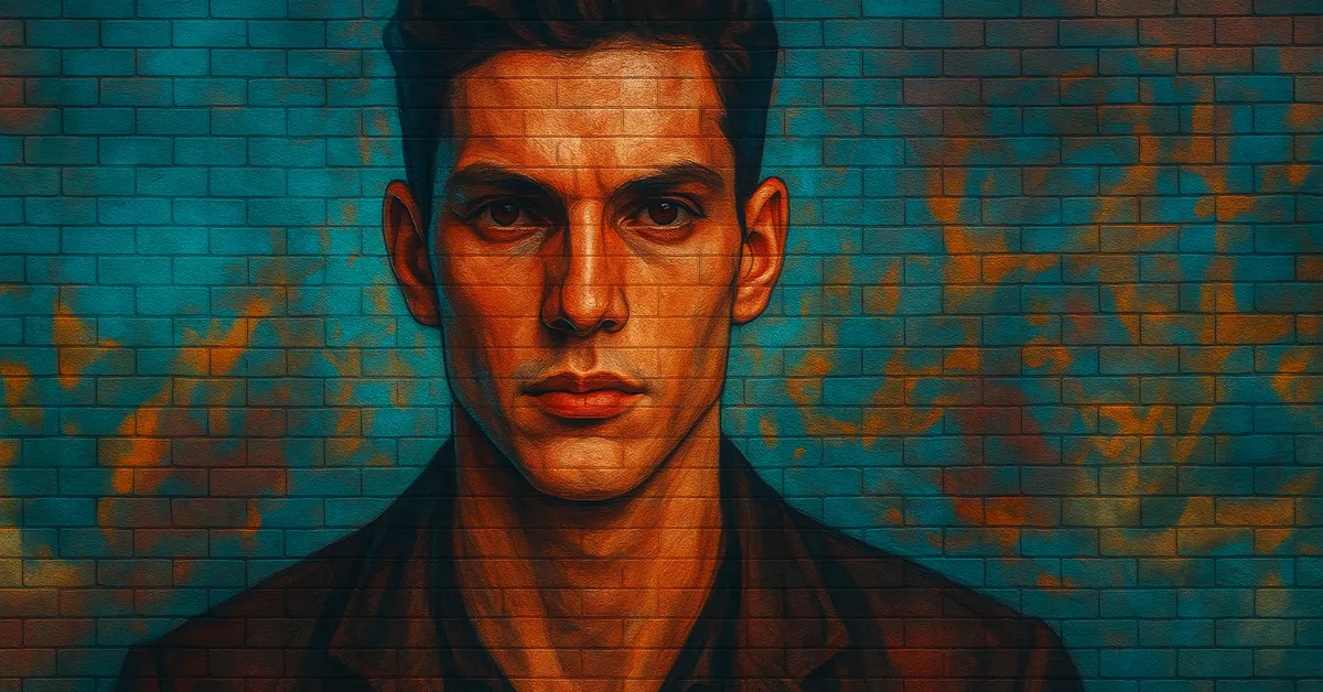 street art portrait of Stewart Ackerley, a young man with short dark hair and a serious gaze wearing a dark jacket