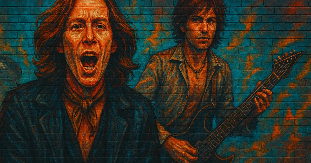 graffiti portrait of Stubby Boardman, a man with long hair singing passionately while holding a guitar or lute-like instrument