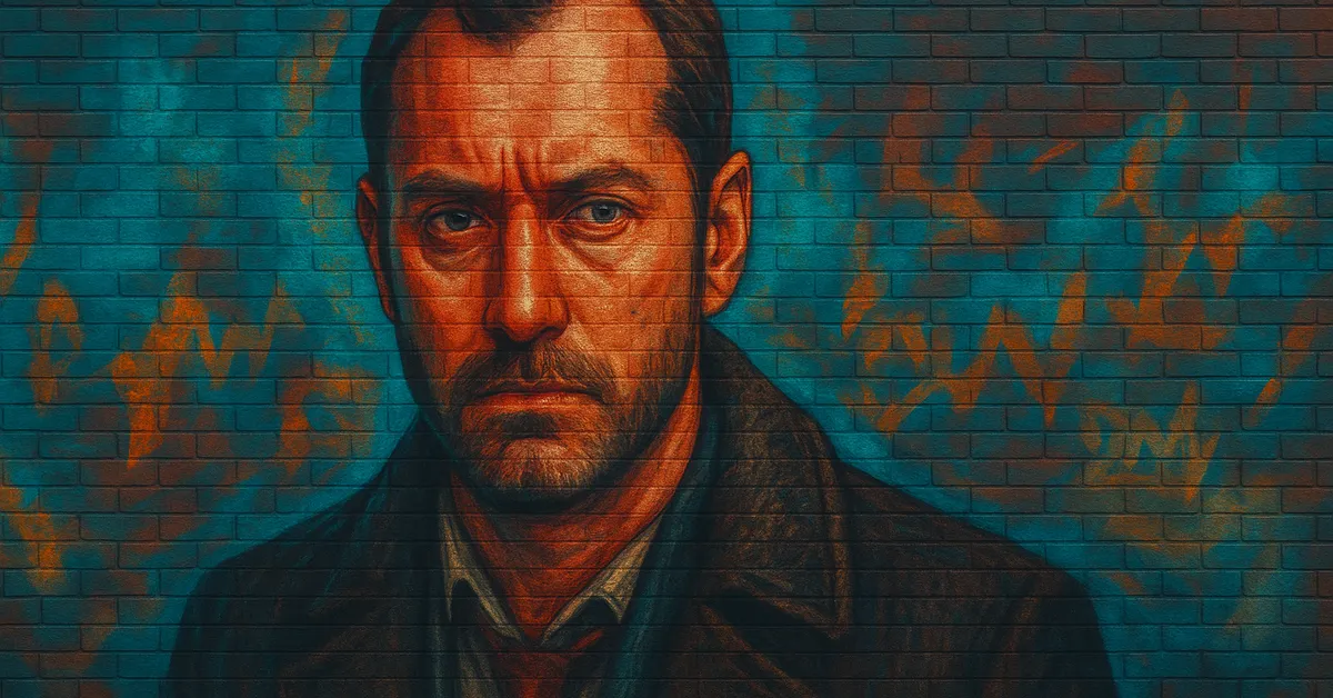 hyper-realistic street art of Sturgis Podmore, a man with a square jaw and intense gaze wearing a heavy coat on a brick wall