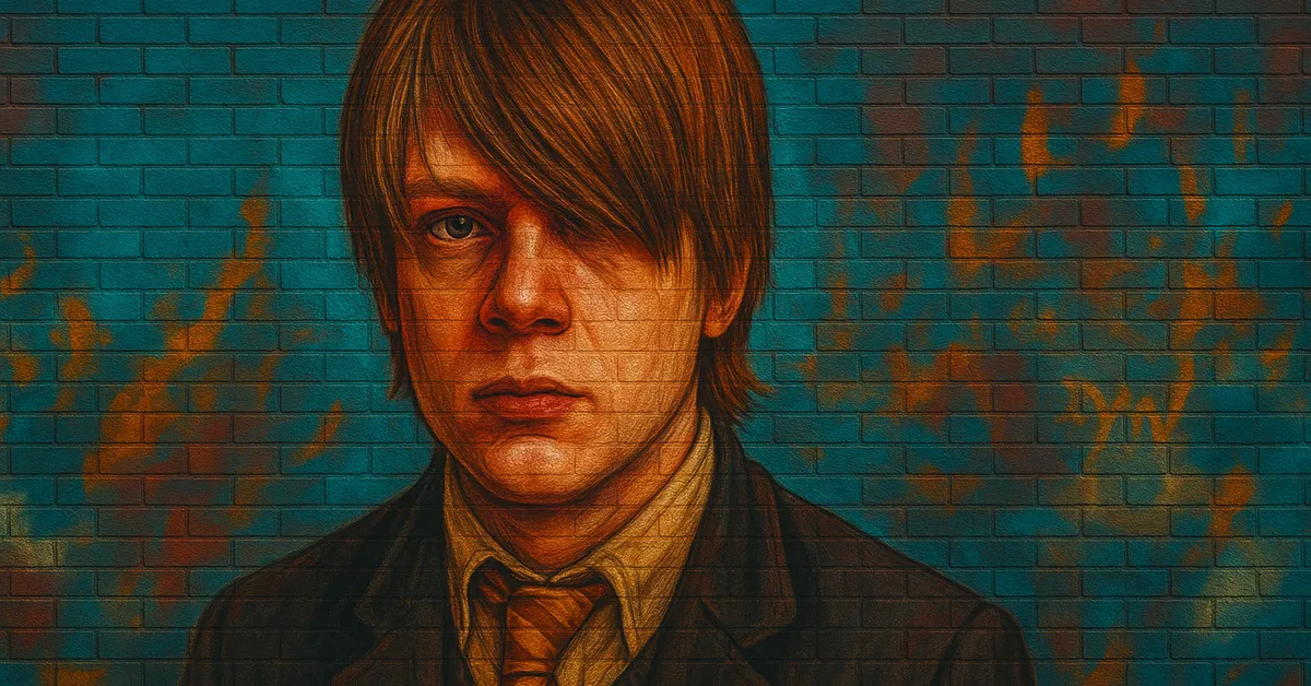mural of Summers, a young student with shaggy light brown hair and a neutral expression wearing a tie and jacket