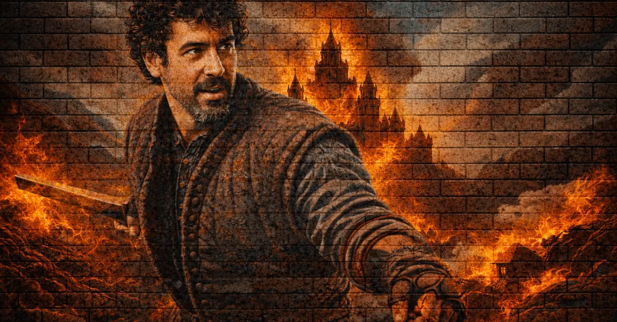 Syrio Forel has his wooden sword as he teaches to fight whilst behind him a castle lights up with fire and houses are burning
