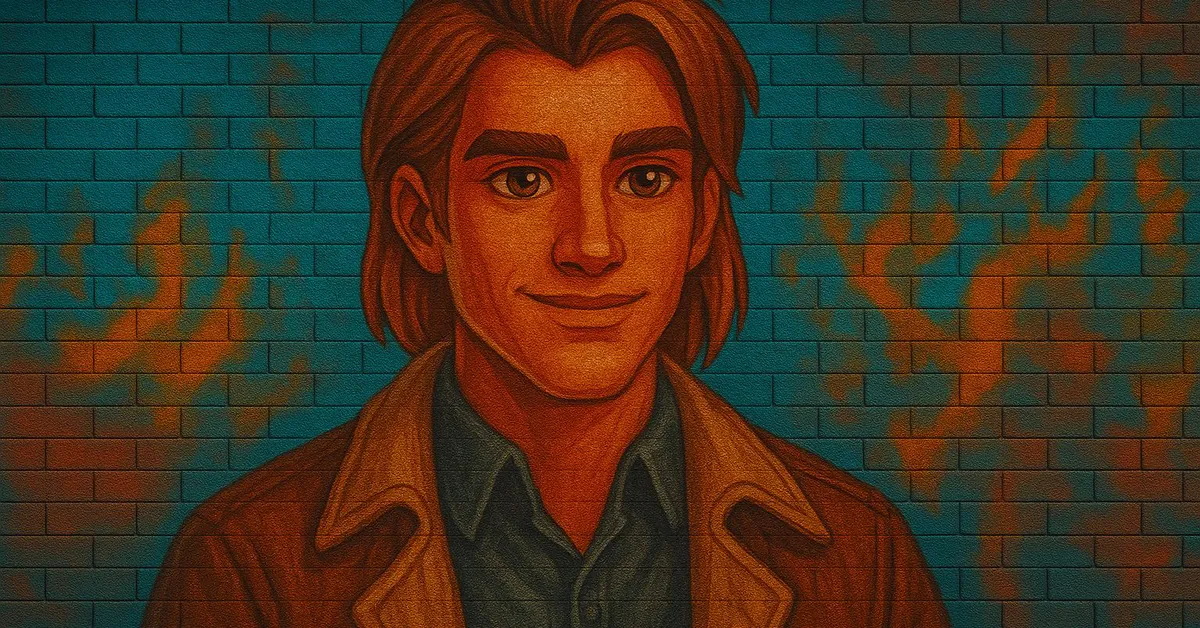 A mural of Talbott Winger in his Animagus human form smiling slightly with long hair and a brown jacket against a blue and orange brick wall
