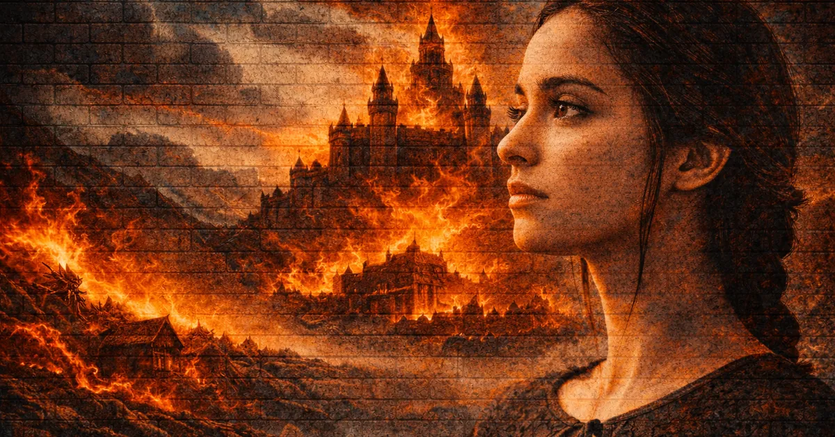 Talisa Stark, wearing a dark dress, her dark hair pulled back and looking into the distance, a castle on fire rages in the background