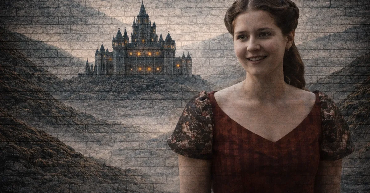 Talla Tarly looking grown up, with a red dress, her hair up and smile wide. her home glistens in the background as a castle