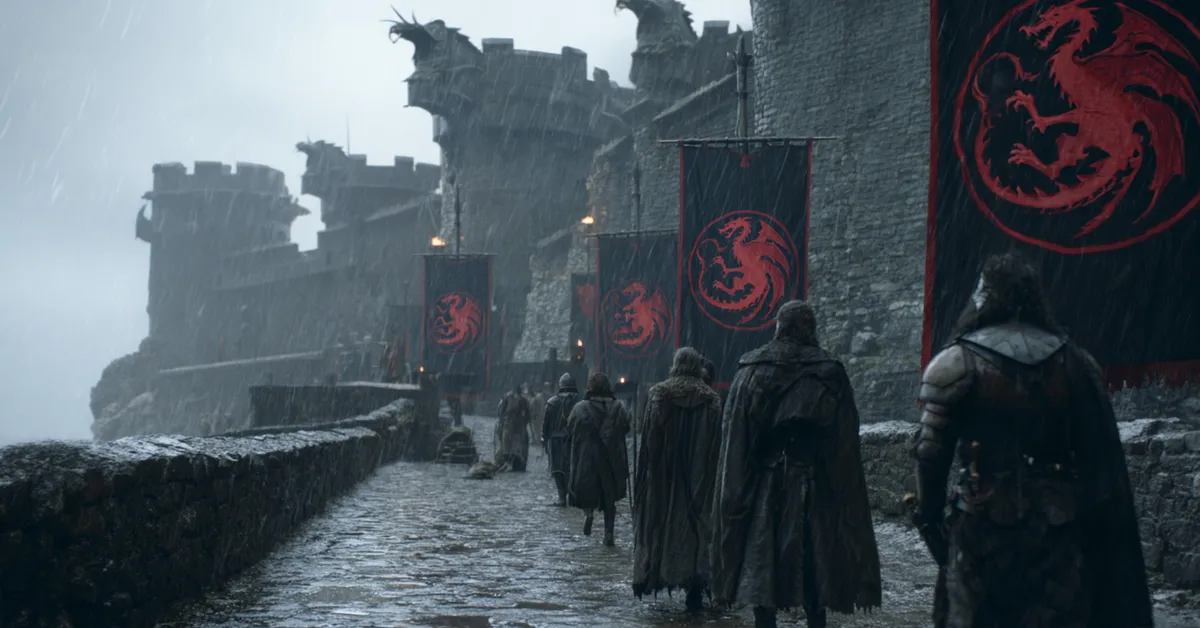 Targaryen soldiers in blackened steel armor patrol the rain-slicked volcanic stone ramparts of Dragonstone fortress beneath dragon gargoyles holding heavy banners depicting a three-headed red dragon
