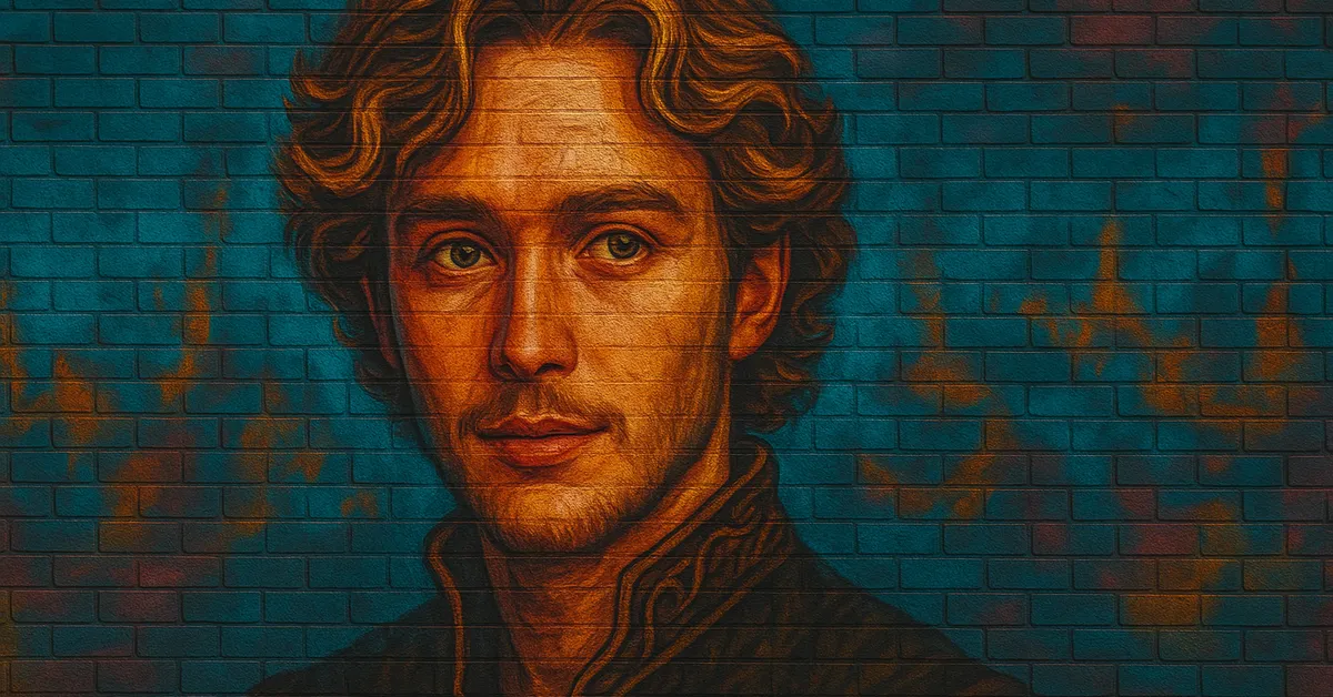 hyper-realistic street art of Ted Tonks, a handsome man with wavy hair and a gentle expression wearing a dark jacket on a blue brick wall