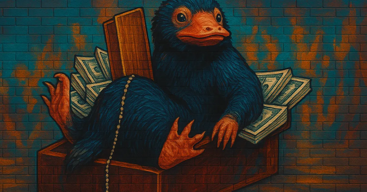 mural of Teddy The Niffler sitting in a wooden box overflowing with money and jewels looking mischievous