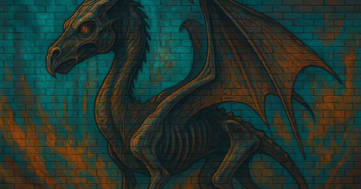 street art painting of Tenebrus The Thestral, a skeletal black winged horse standing against a textured background