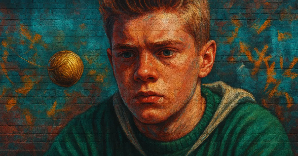 graffiti portrait of Terence Higgs staring intensely at a floating Golden Snitch while wearing a green sweater