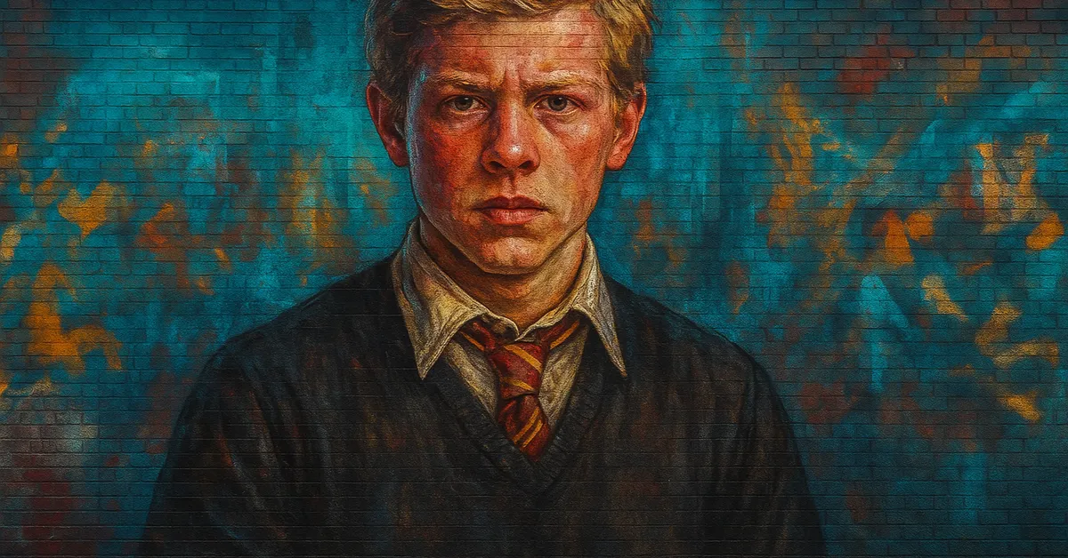 mural of Terry Boot as a serious young student with blonde hair wearing a Hogwarts tie and sweater