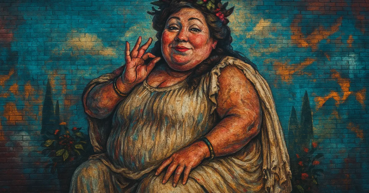 hyper-realistic painting of The Fat Lady wearing a flower crown and making a hand gesture while smiling warmly