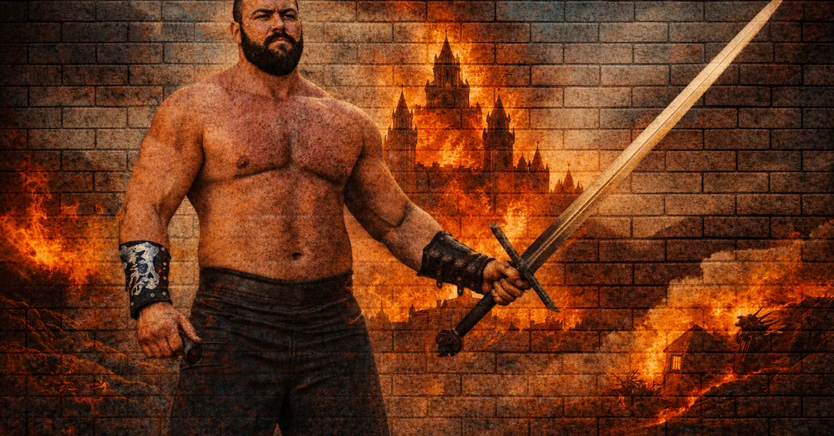 The Mountain (Gregor Clegange) stands looking huge, sword above the head, fire in the background showing the destruction he has caused