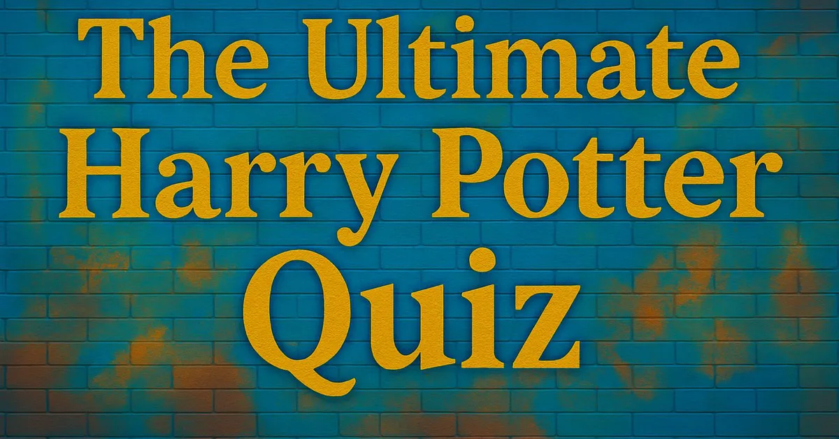 street art text mural reading "The Ultimate Harry Potter Quiz" in bold yellow letters against a blue brick background with orange accents
