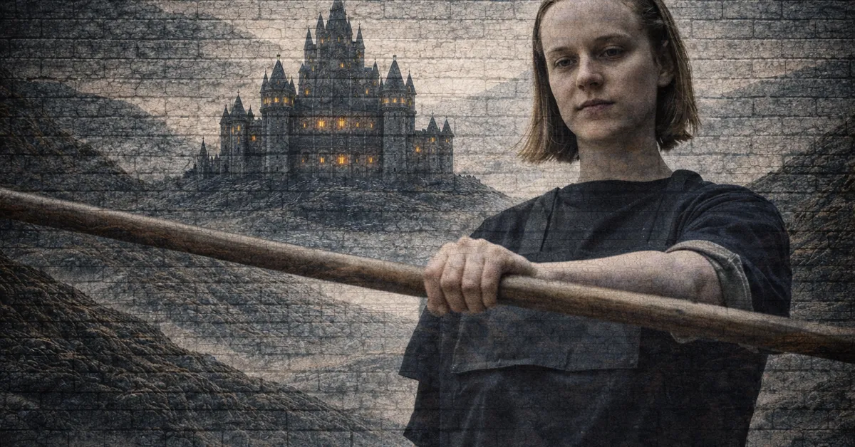 The Waif stands, bow crossed and ready to fight as in the distance behind her a castle burns to the ground