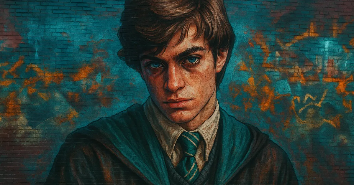 graffiti portrait of Theodore Nott, a young man with intense blue eyes and brown hair wearing Slytherin robes