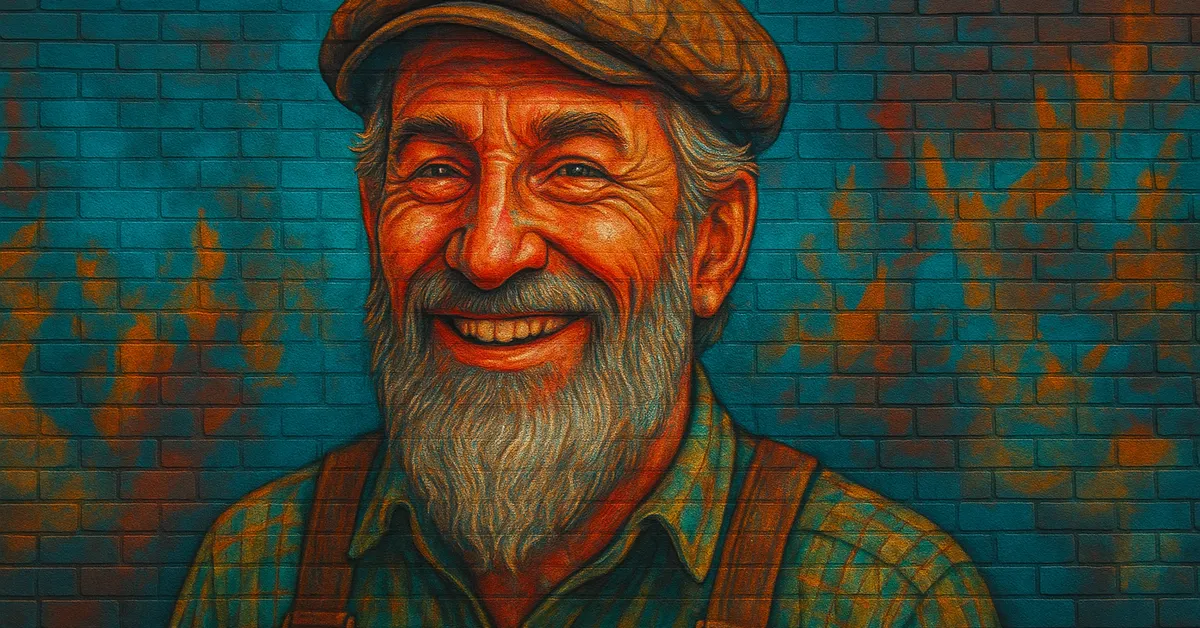 street art of Theophilus Harlow, an older smiling man with a white beard wearing a flat cap and suspenders