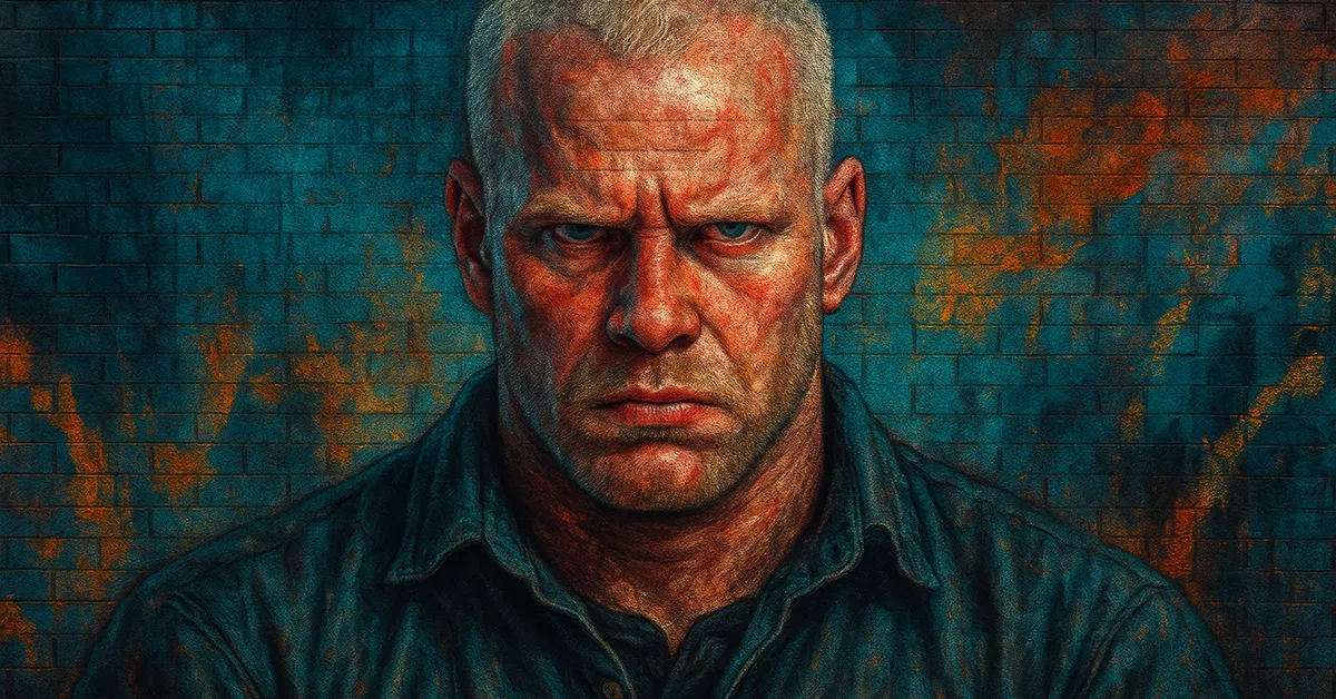 hyper-realistic street art of Thorfinn Rowle, a large man with short blonde hair and an aggressive intense glare wearing a dark shirt