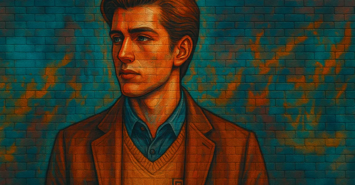 mural of Tiberius Mclaggen, a handsome man with wavy reddish-brown hair and a confident expression wearing a jacket and sweater