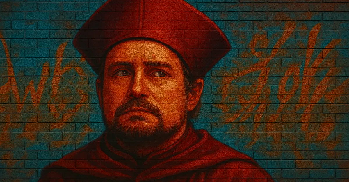 hyper-realistic mural of Tiberius Ogden, an elderly man with a beard wearing a tall red hat and robes representing a Wizengamot elder