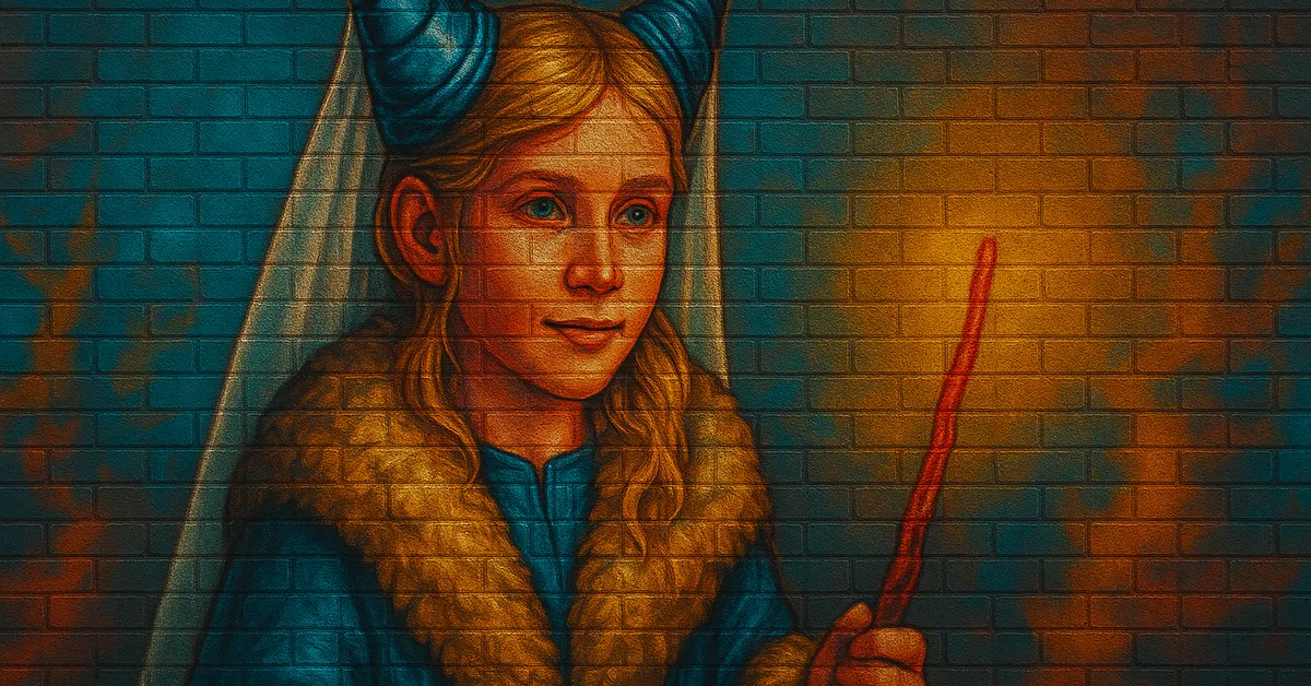 graffiti portrait of Tilly Toke, a smiling young girl with blue horns on her head holding a wand emitting a golden light