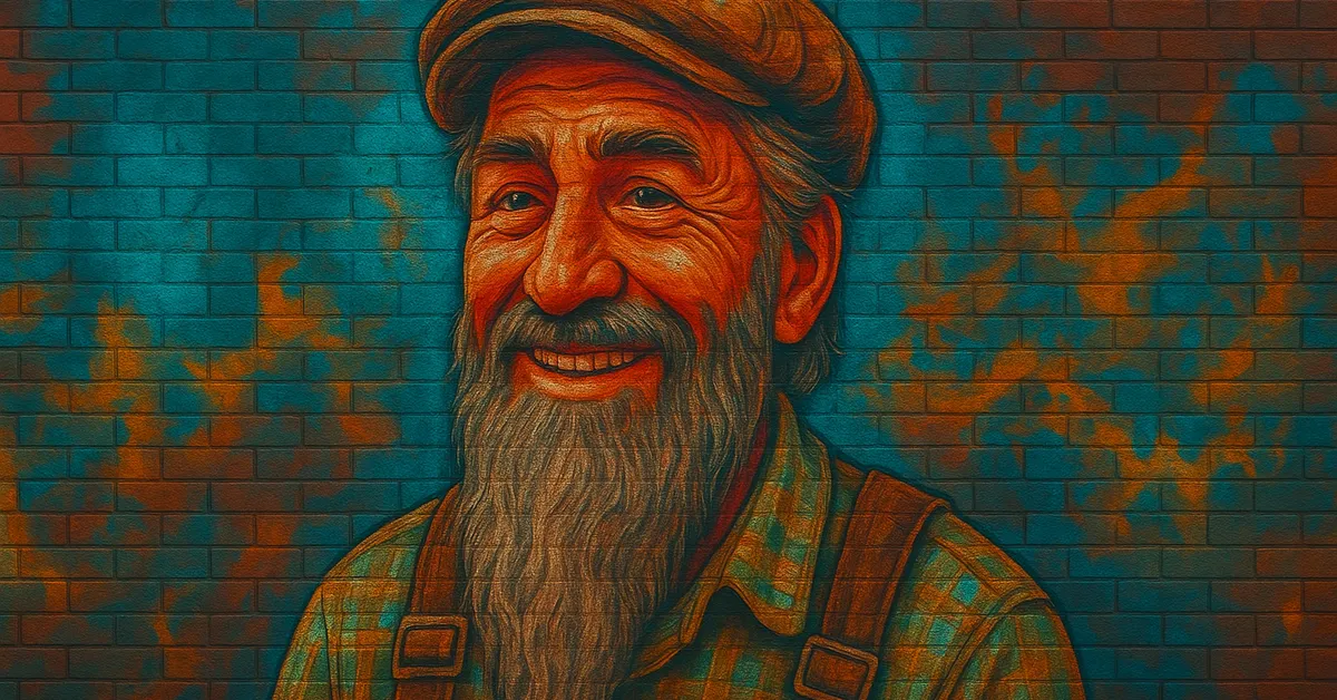 street art of Timothy Teasdale, an elderly bearded man with a warm smile wearing a flat cap and plaid shirt