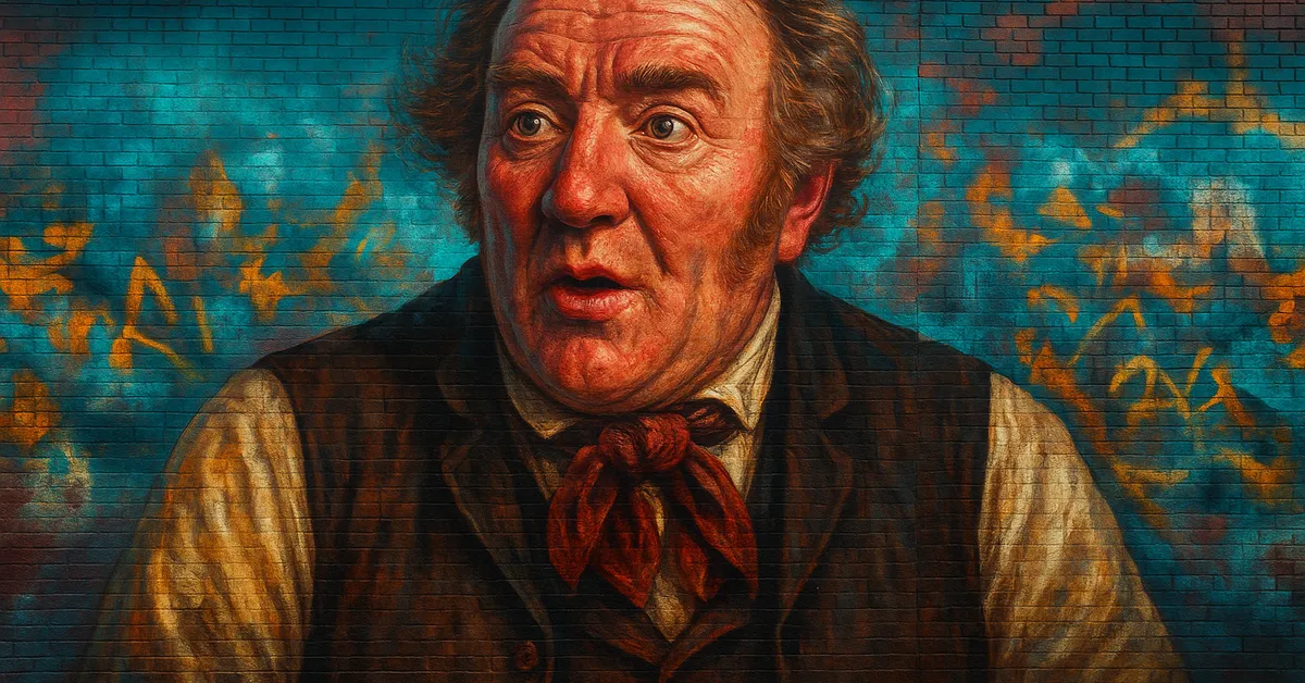 street art portrait of Tom, the Leaky Cauldron Innkeeper, depicted as a bald man with a shocked expression wearing a brown vest and red cravat