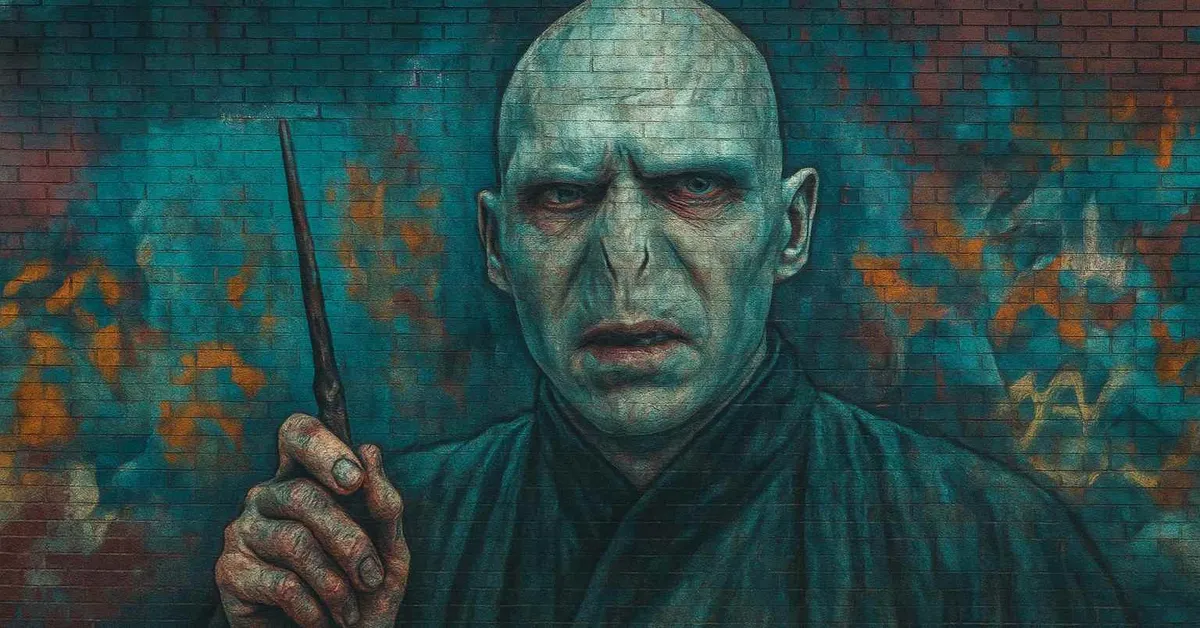 hyper-realistic mural of Tom Riddle Voldemort depicting a pale snake-like man with red eyes holding a wand with a menacing expression