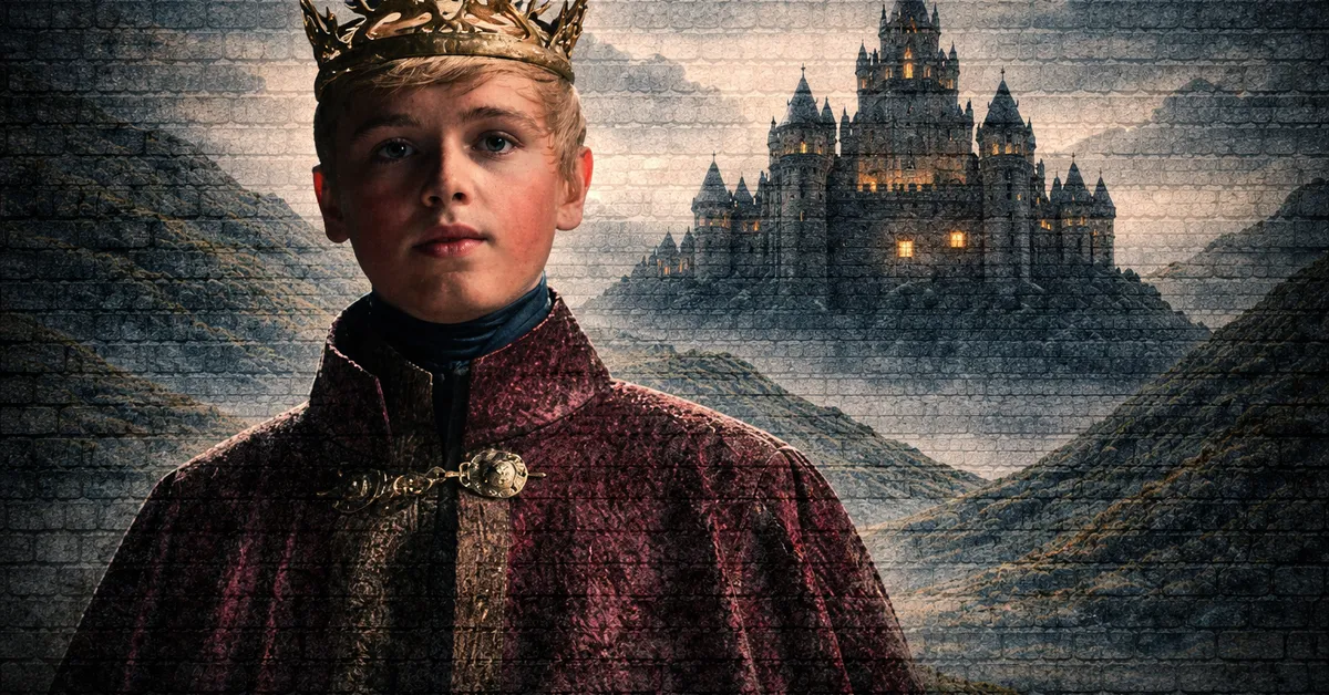 Tommen Baratheon looking older as the new King on the Iron Throne as the castle sits in the back ground