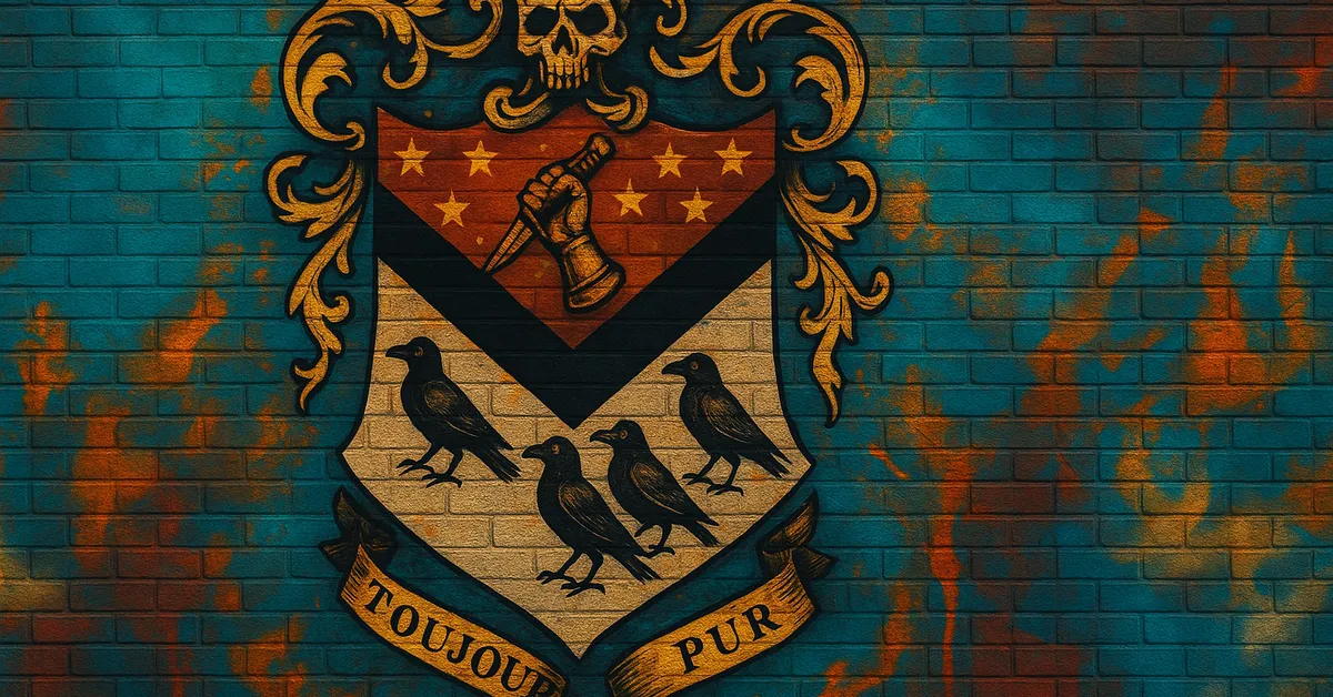 graffiti mural of the Tonks Family crest featuring a skull, a hand holding a dagger, and three ravens above the motto Toujours Pur