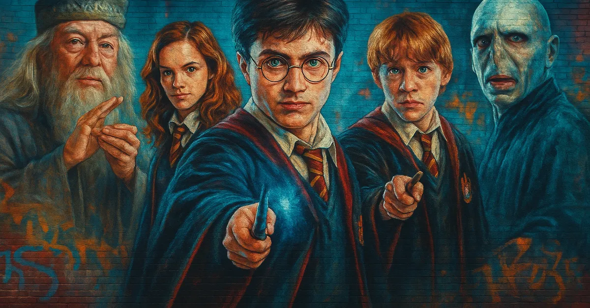 hyper-realistic street art mural featuring five prominent Harry Potter characters: Albus Dumbledore, Hermione Granger, Harry Potter pointing his wand forward, Ron Weasley, and Lord Voldemort, all depicted against a blue brick wall with fiery orange accents