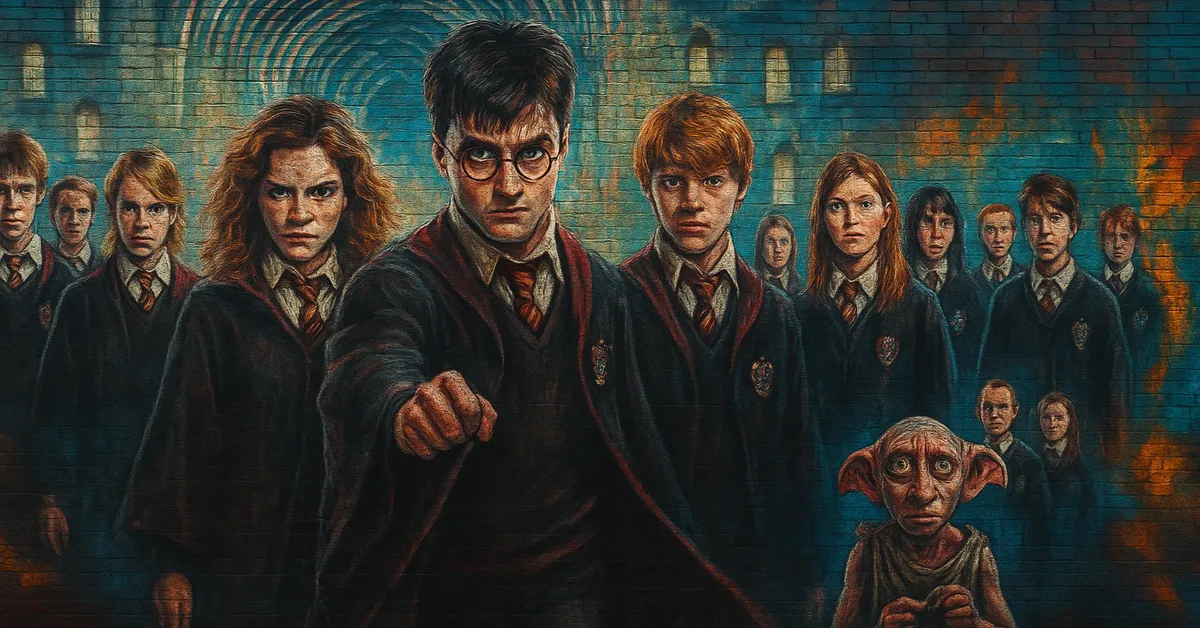 hyper-realistic street art mural featuring Harry Potter pointing his wand forward, flanked by Hermione Granger, Ron Weasley, Ginny Weasley, Luna Lovegood, Neville Longbottom, Draco Malfoy, and Dobby the House-Elf against a blue brick background