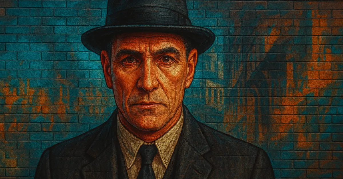 hyper-realistic street art of Torquil Travers, a stern man wearing a fedora and suit looking directly at the viewer with a serious expression