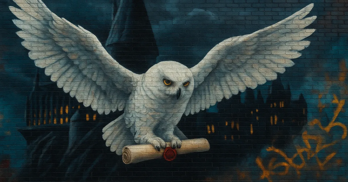 A mural of a white owl with wings spread wide carrying a rolled parchment sealed in wax flying in front of the dark silhouette of Hogwarts