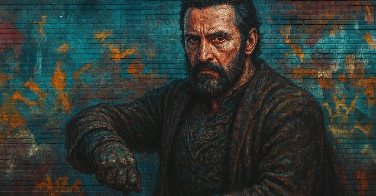 mural of Travers, a dark wizard with a beard and wild hair holding a fist out with an intense gaze on a brick background