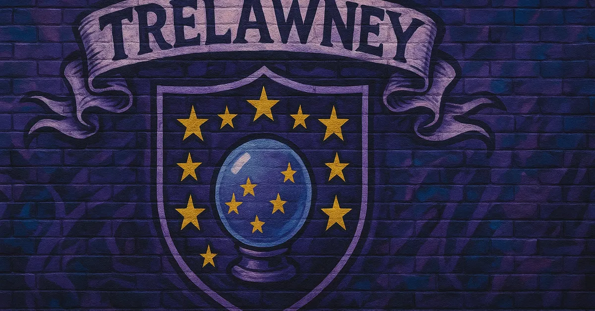 street art of the Trelawney Family crest displaying a blue crystal ball surrounded by golden stars on a purple shield