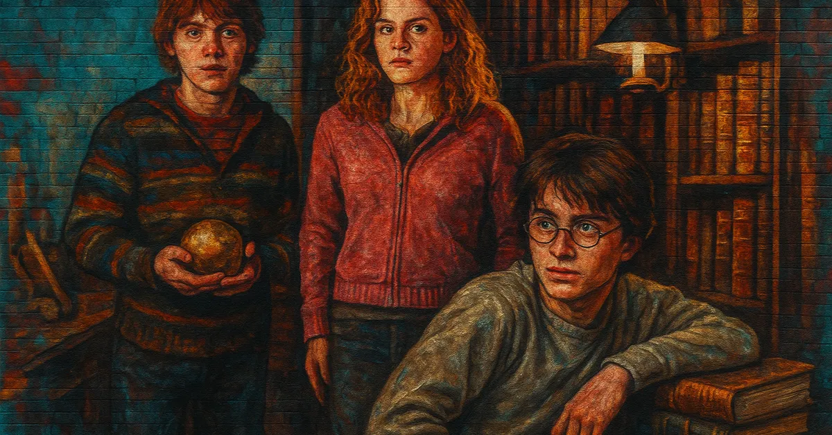 A mural showing Ron Hermione and Harry in a dim library with Ron holding a golden orb and Harry leaning on a stack of books