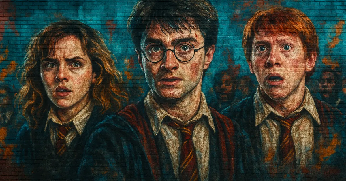 A mural of Hermione Harry and Ron standing close together with shocked and worried expressions against a blue brick wall
