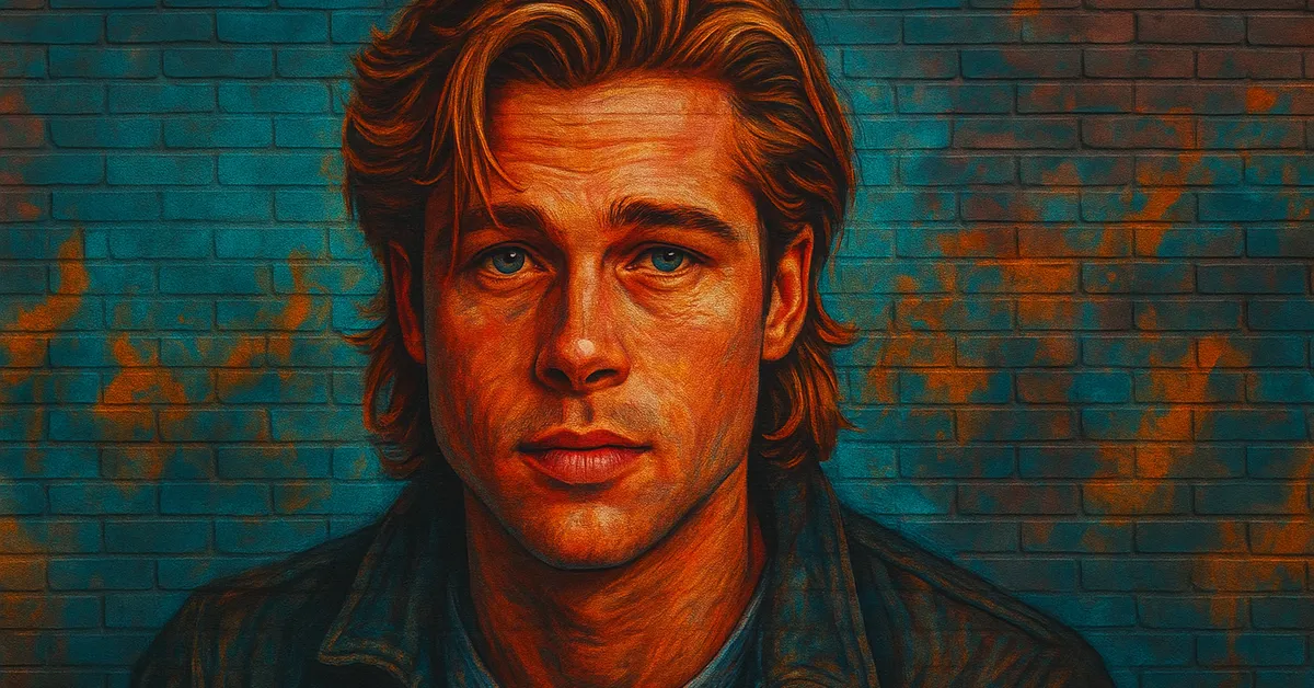 graffiti portrait of Troy, a handsome man with reddish-blonde hair and blue eyes wearing a denim-like jacket against a brick wall