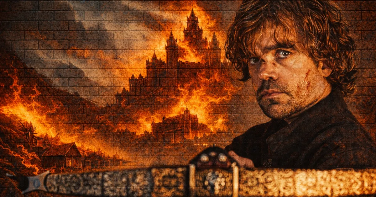 Tyrion Lannister holding a crossbow, eyes dtermined as he castle walls burn and fall behind him