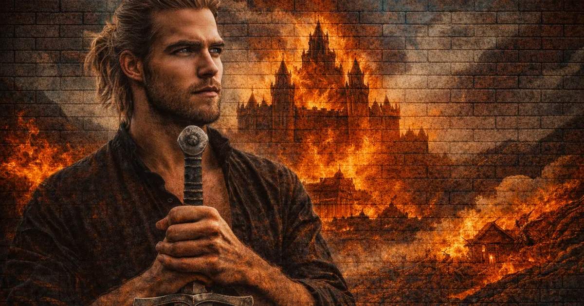 Tyto Blackwood stands in his Lords clothing, sword in hand ready for battle. Behind him, a castle burns that he has destroyed with his army.