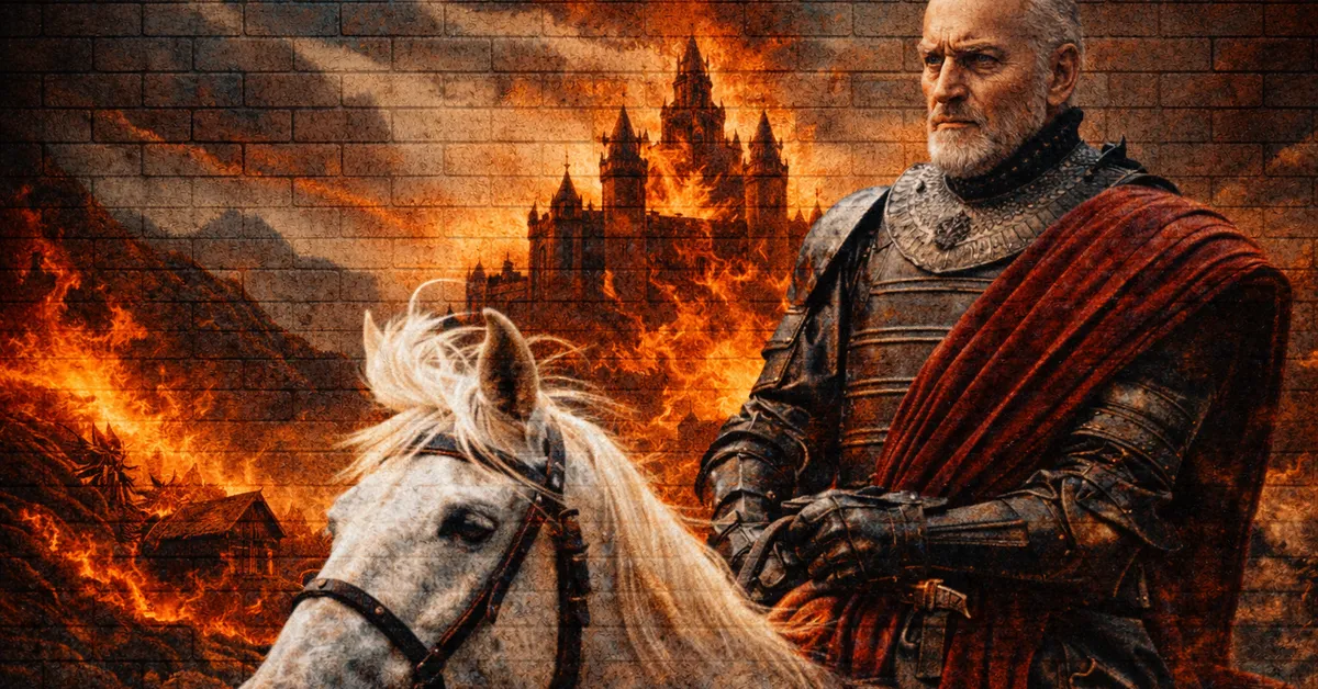 Tywin Lannister riding a white horse into battle as his castle is set oin fire in the background