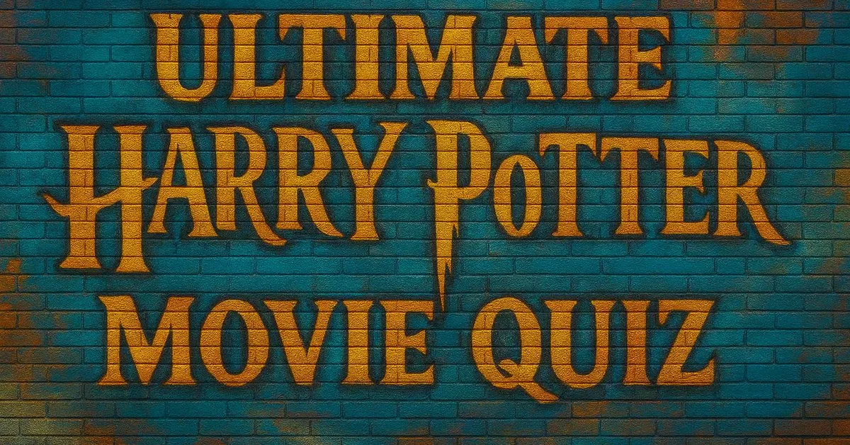 A mural of the text Ultimate Harry Potter Movie Quiz painted in large gold letters on a teal brick wall