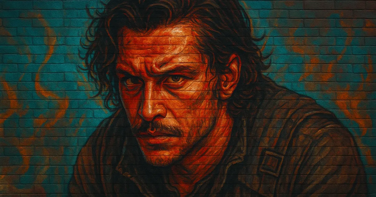 hyper-realistic street art of Urquhart Rackharrow, a gritty-looking man with dark wavy hair and a mustache staring intensely from a brick wall