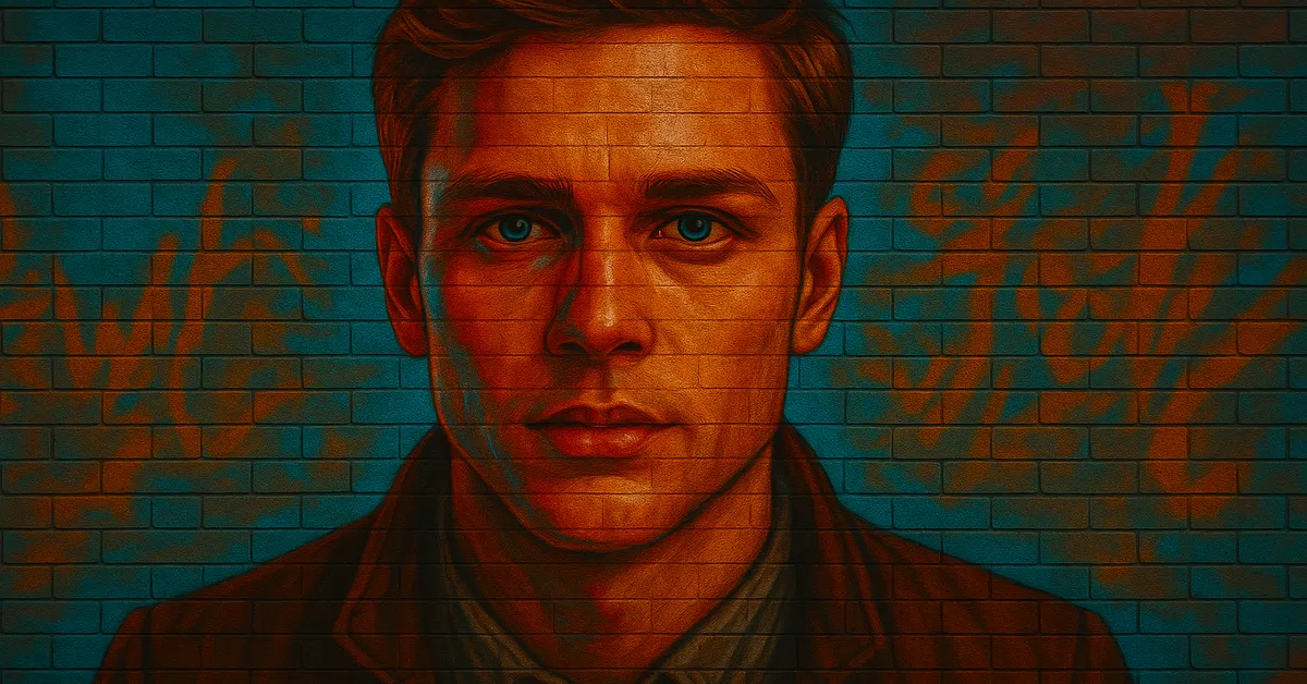 street art portrait of Urquhart, a handsome young man with short dark hair and piercing blue eyes looking serious in a dark jacket