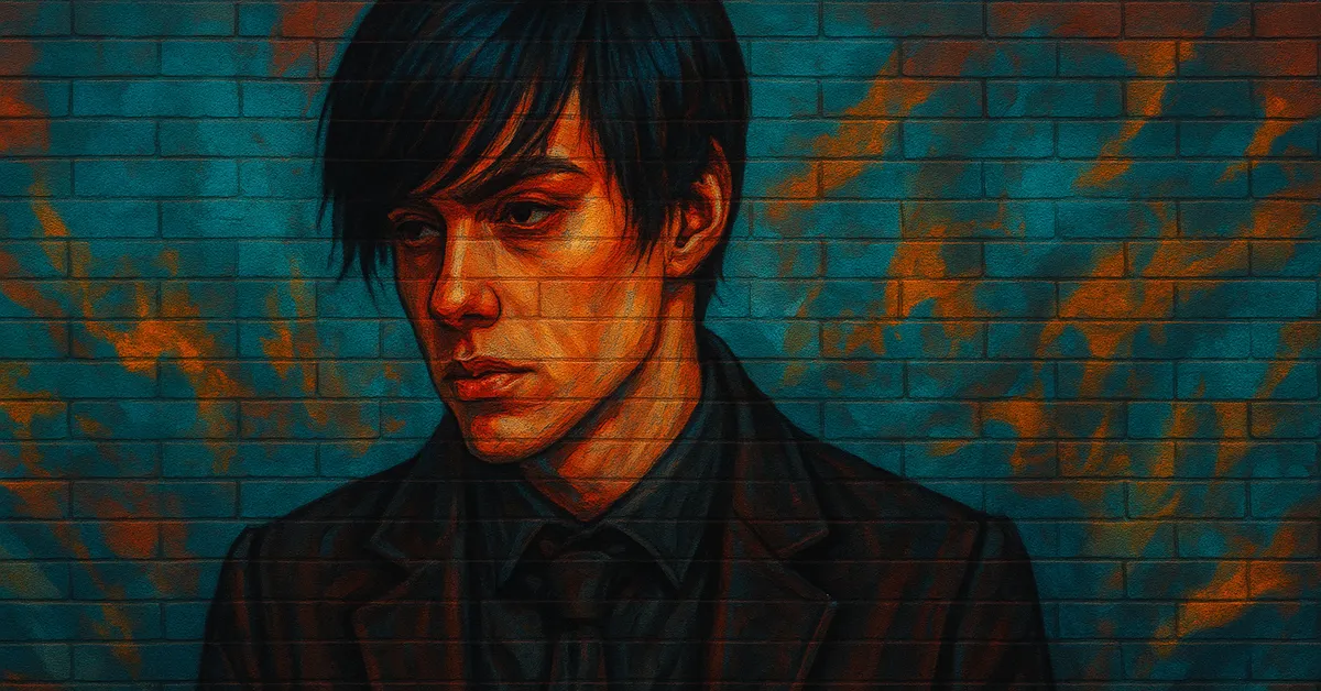 graffiti portrait of Vaisey, a young man with dark hair looking down with a moody expression wearing a dark suit