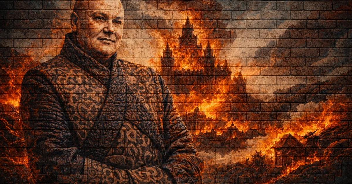 Varys stands there admiring the destruction he casued without even sweating. the fires burn, the destruction reigns