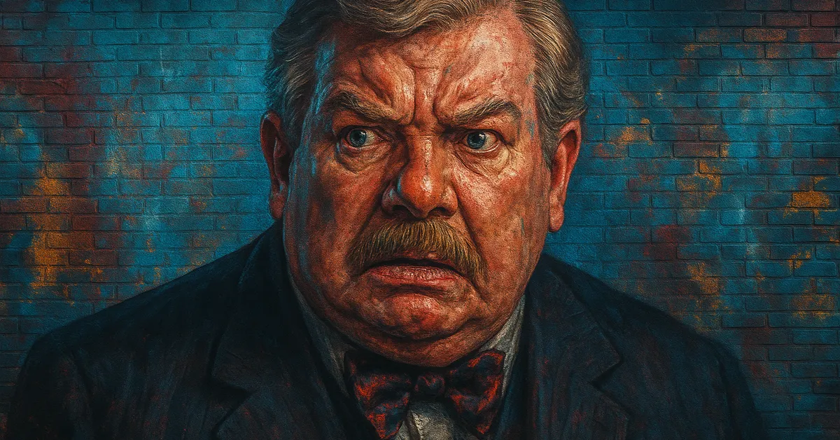 hyper-realistic street art of Vernon Dursley with a large bushy mustache and a shocked angry expression wearing a suit and bowtie