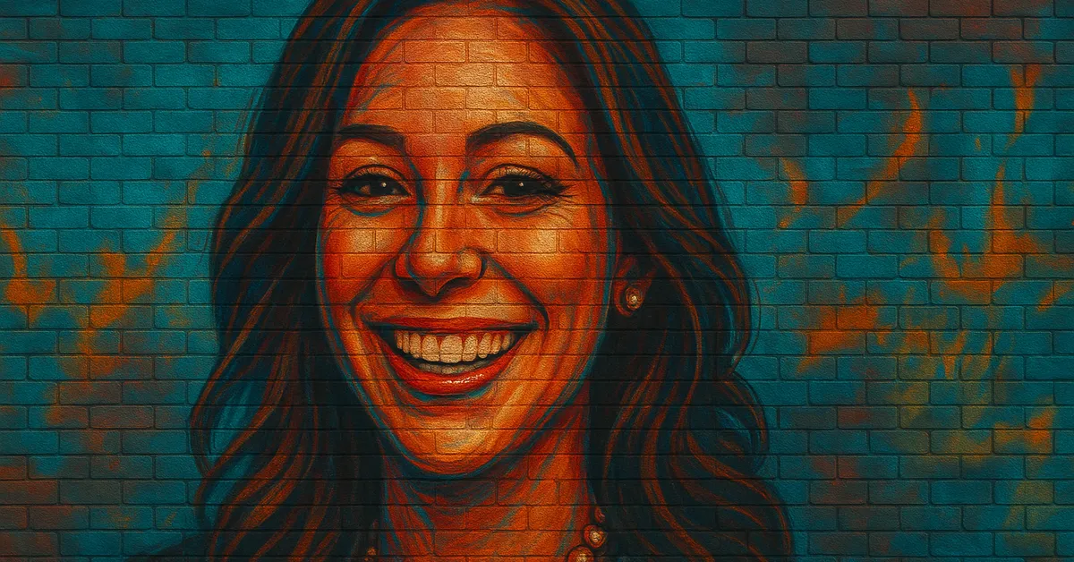 mural of Veronica Smethley, a smiling woman with long wavy hair and pearl earrings looking cheerful on a textured wall