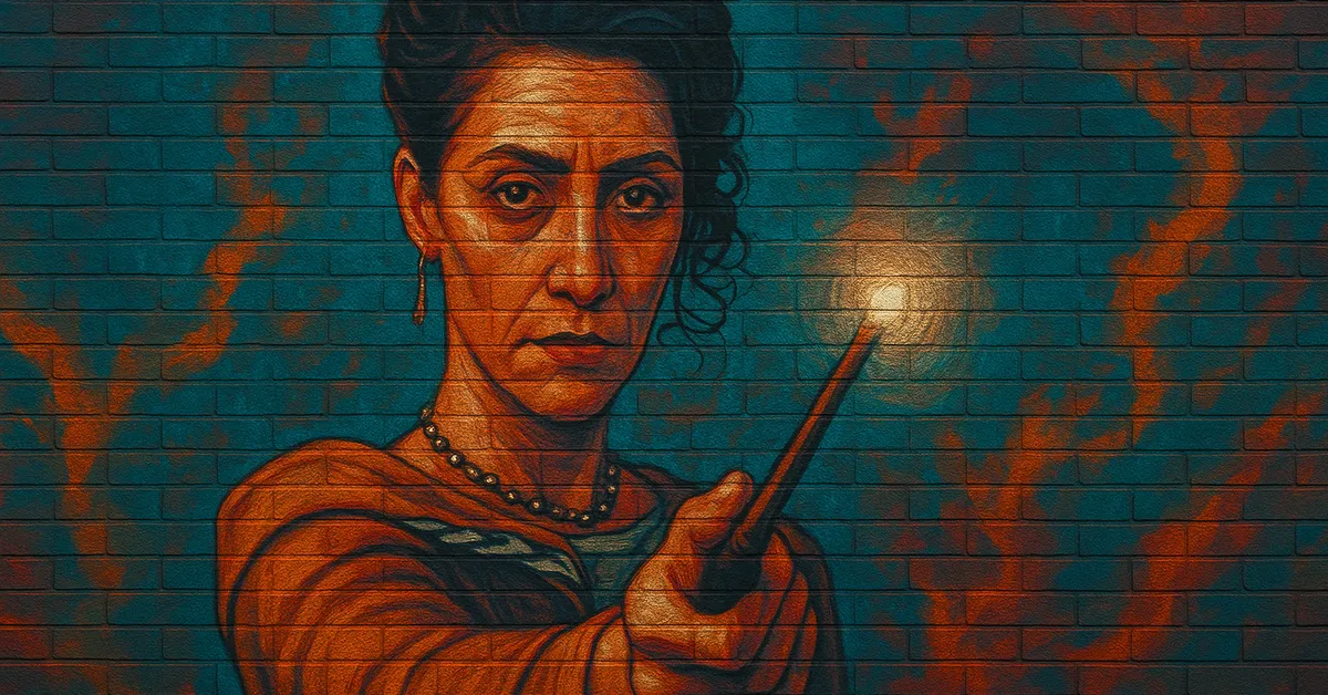 painting of Vic�ncia Santos holding a wand with a determined expression and a glowing tip against a blue and orange background